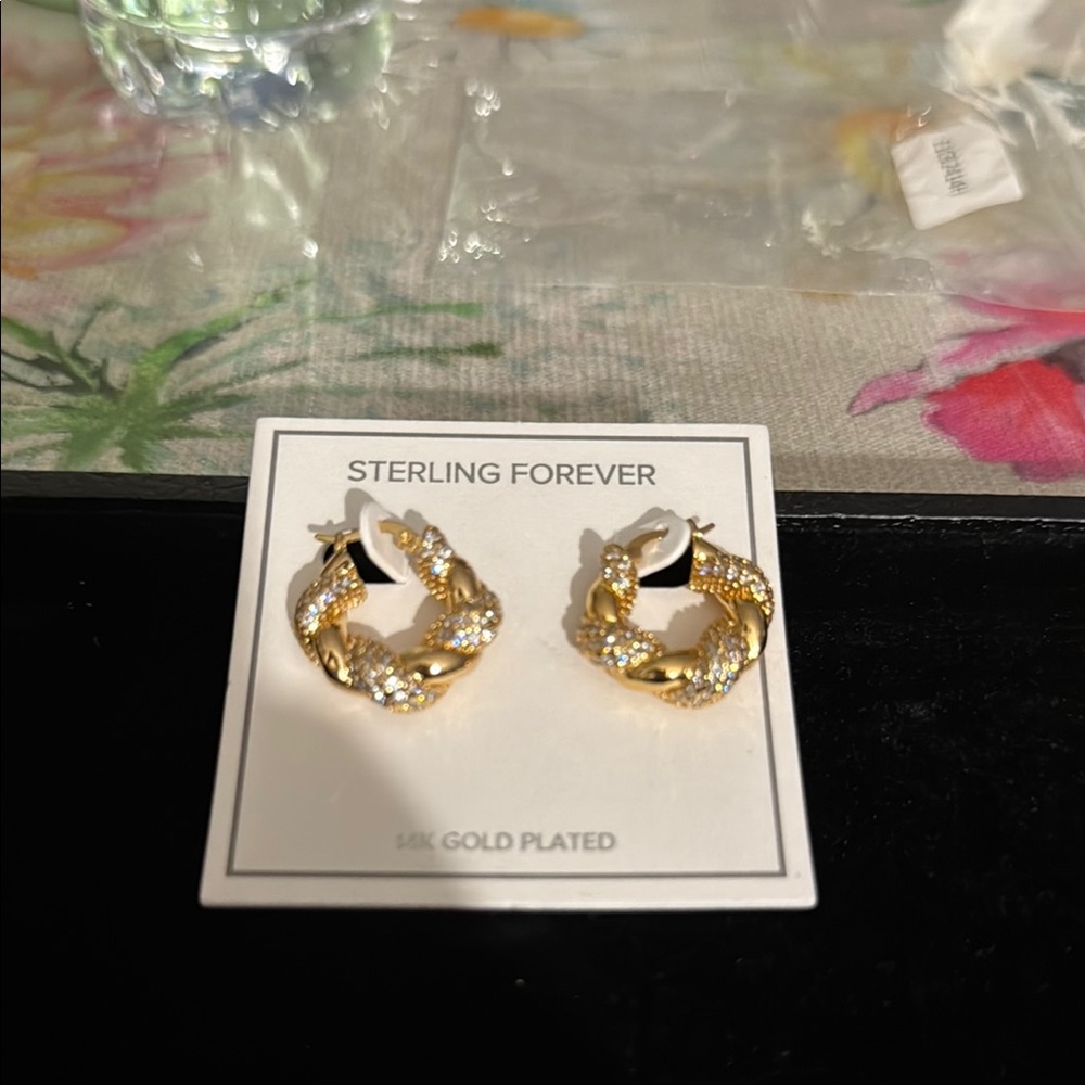 Gold Stud Earrings with Crystal Center